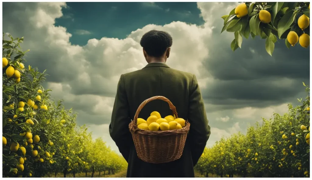 man surrounded by lemons